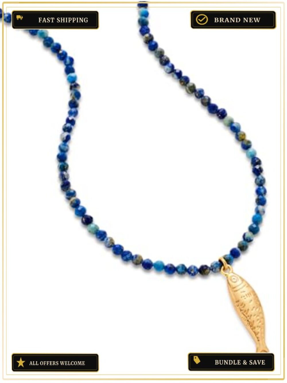 Boho Fish Pendant Necklace Natural Stone Beaded Brass Chain Summer Beach Jewelry